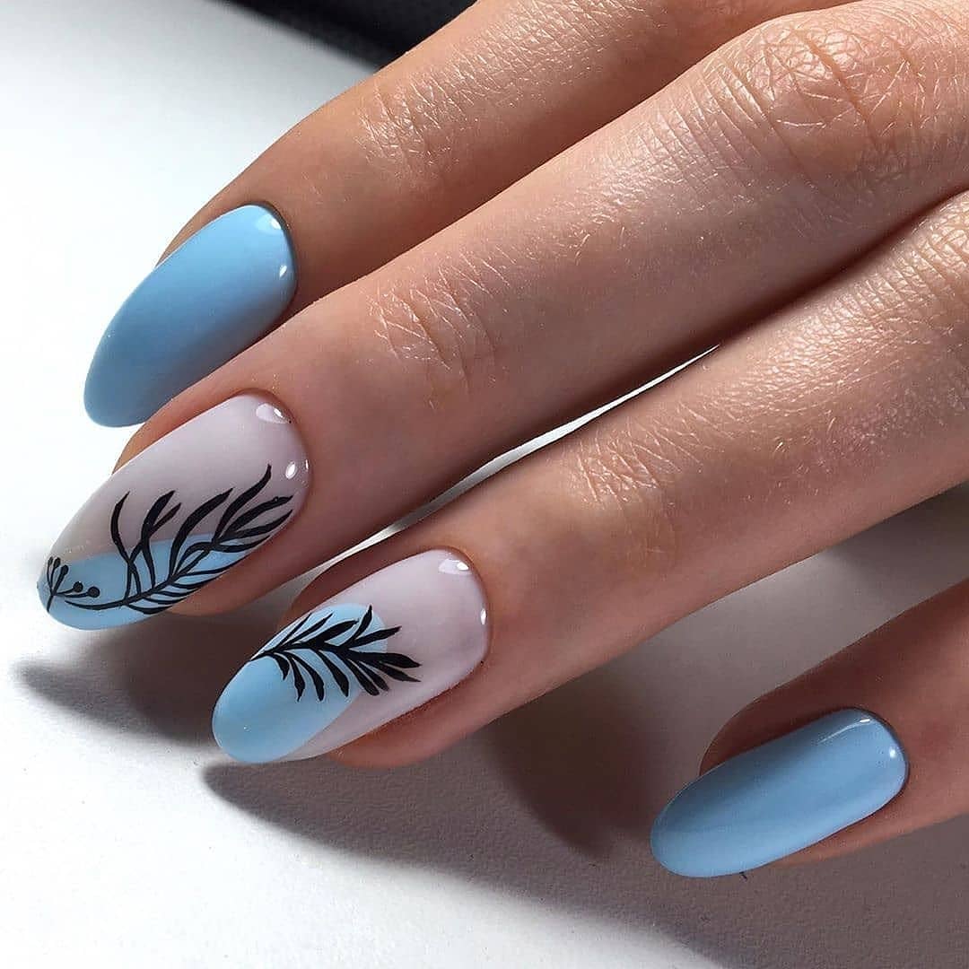 Sky Blue Almond Nails with Botanical Art Accents