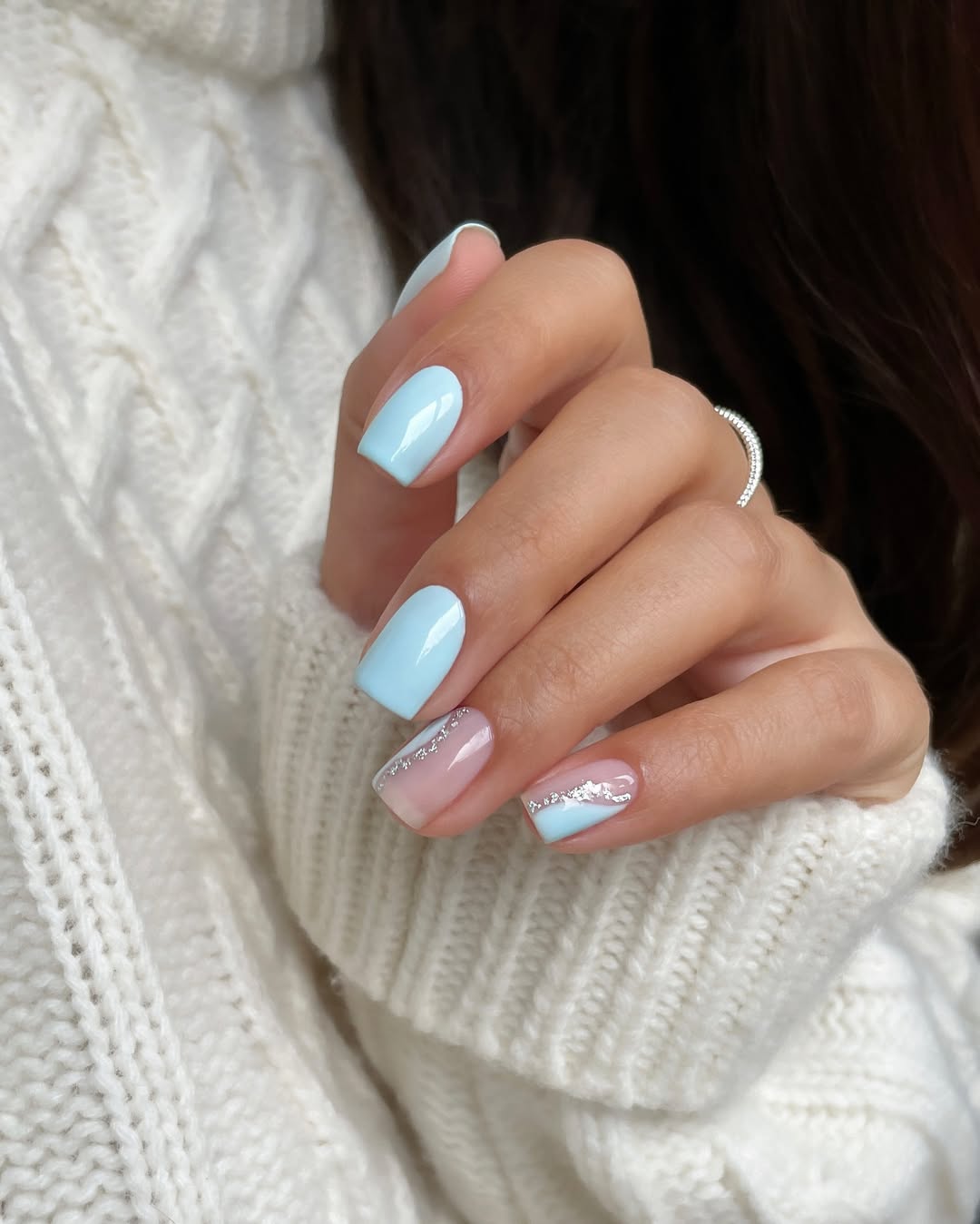 Sky Blue And Sheer Pink Glitter Stripe Nails