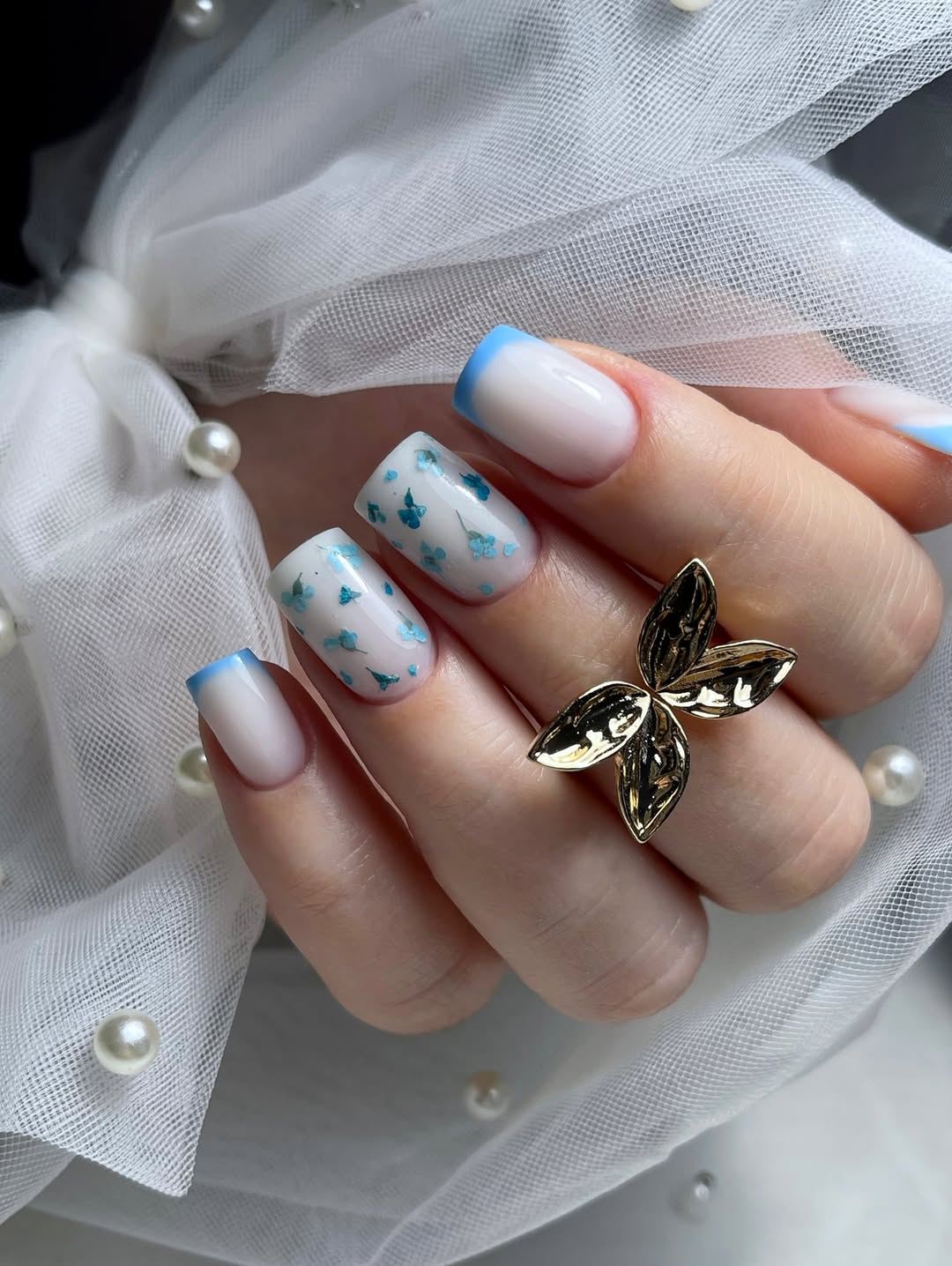 Sky Blue French Tips With Dried Flower Accents