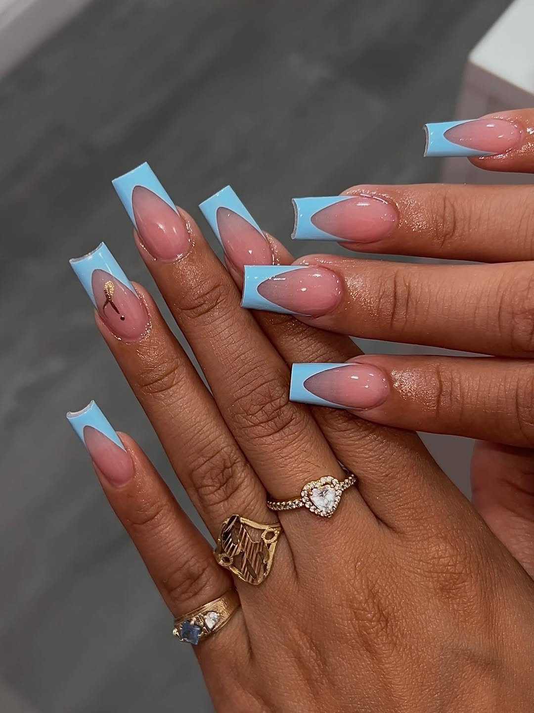 Sky Blue V-French Tips With Gold Charm