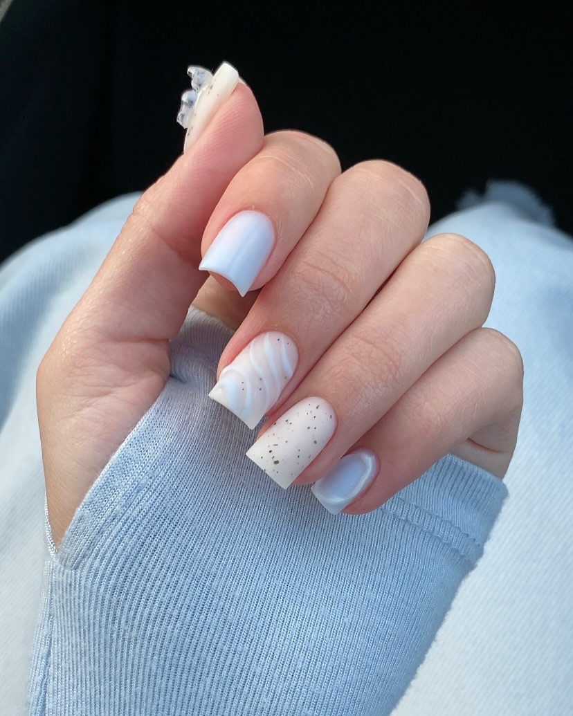Soft Blue Cloud And Speckled Square Nails