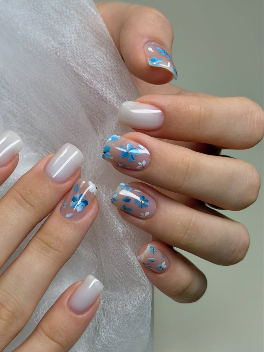 Soft Blue Floral Hand-Painted Square Nails