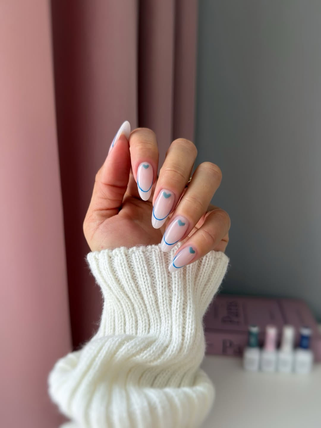 Soft Blue Heart Almond French Tips