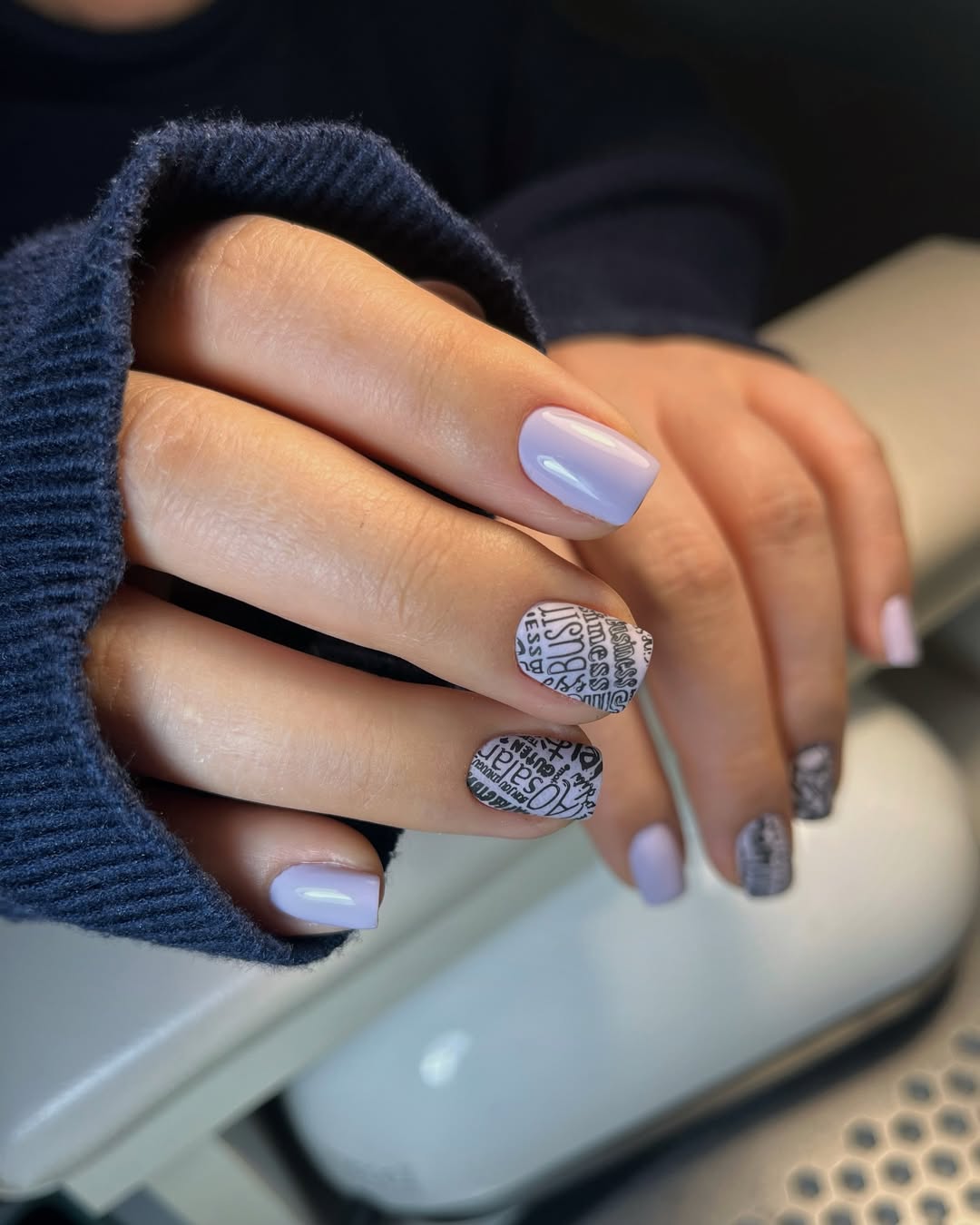 Soft Lavender And Newsprint Art Short Square Nails