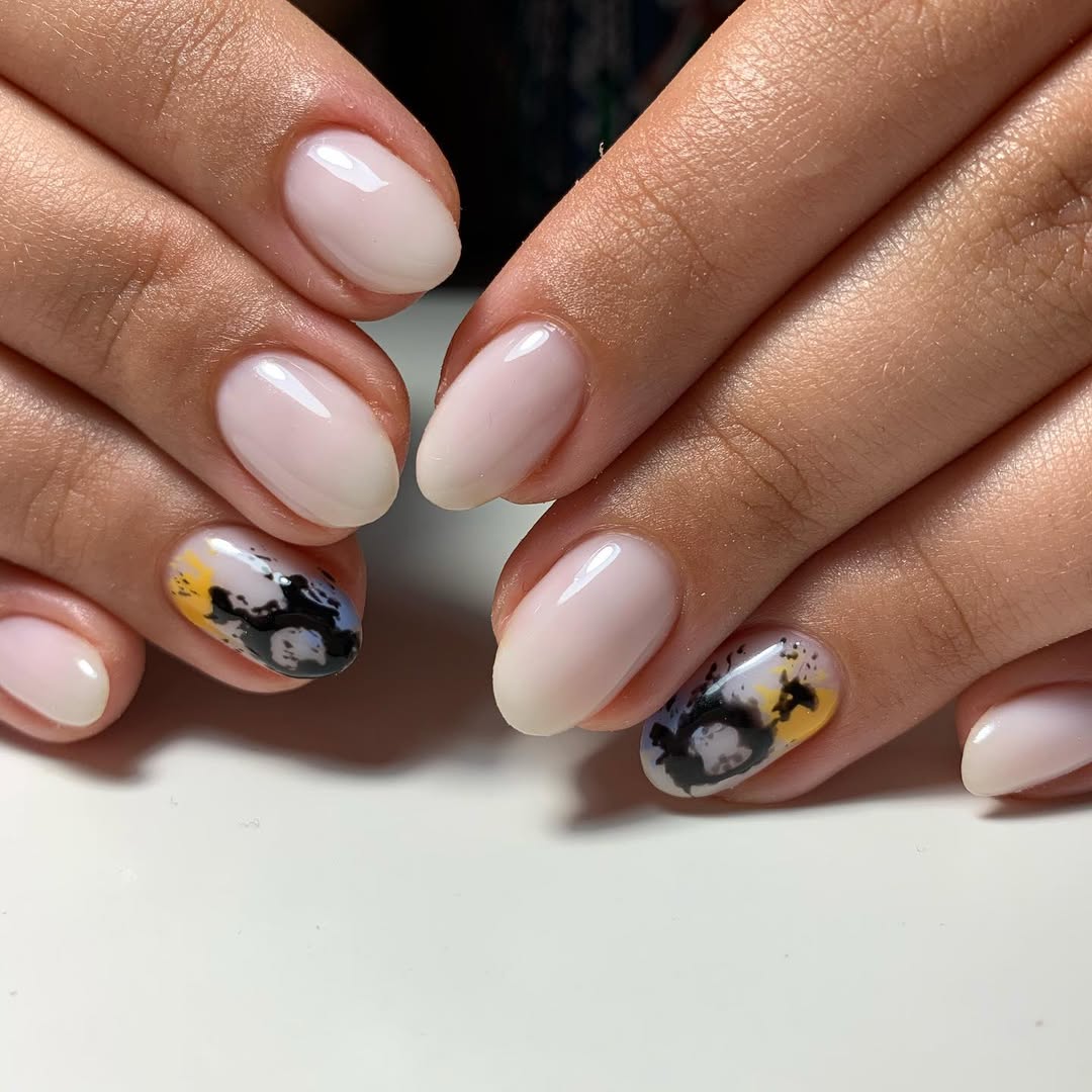 Soft Milky White Abstract Art Oval Nails
