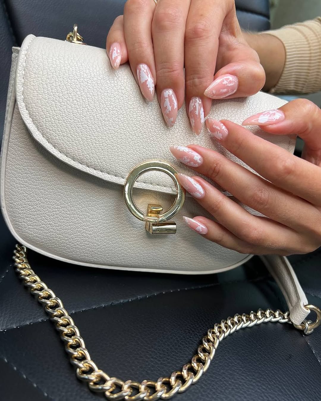 Soft Peach Abstract White Swirl Almond Nails