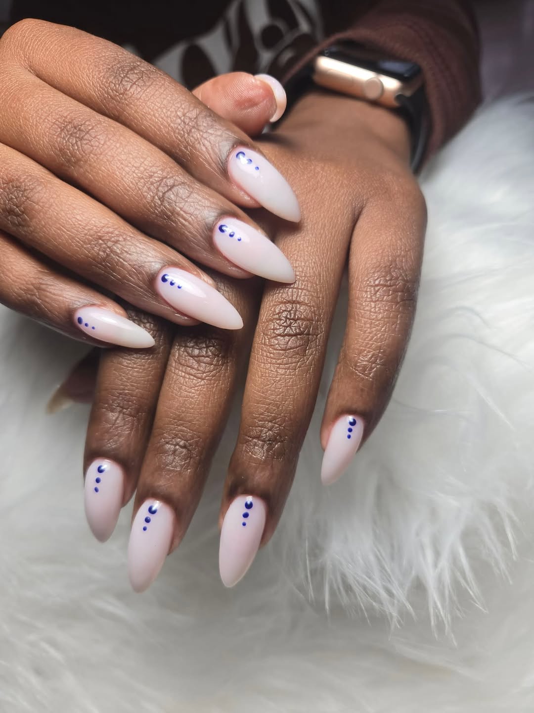 Soft Pink Almond Nails with Blue Dot Art