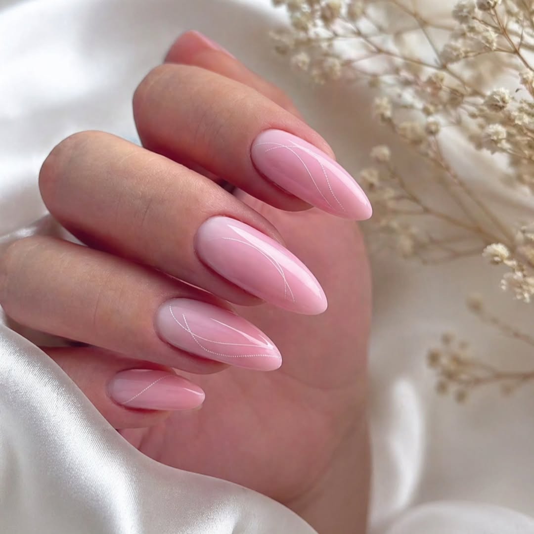 Soft Pink Almond Nails With Delicate White Line Art