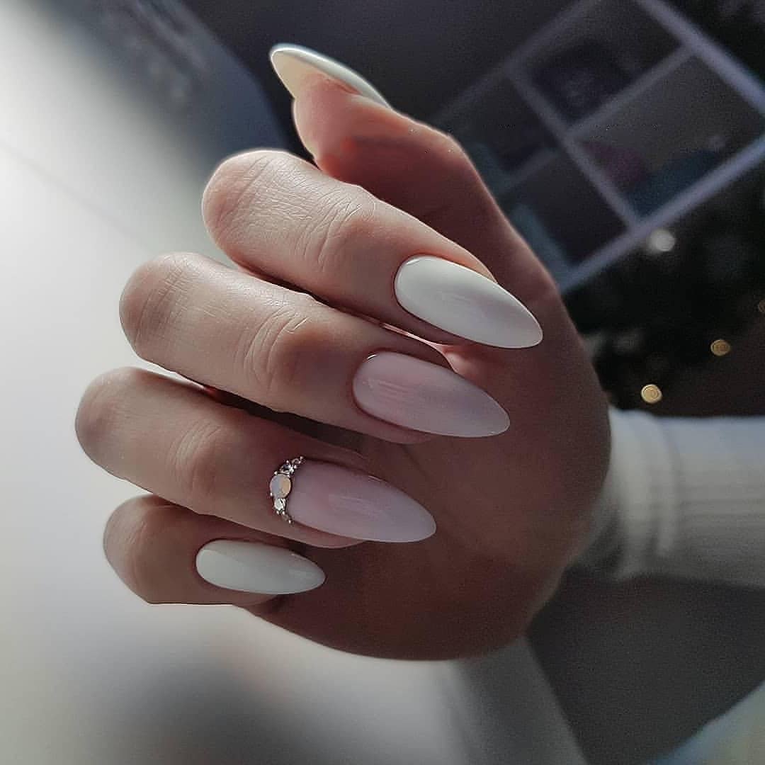 Soft Pink and White Almond Gem Accent Nails