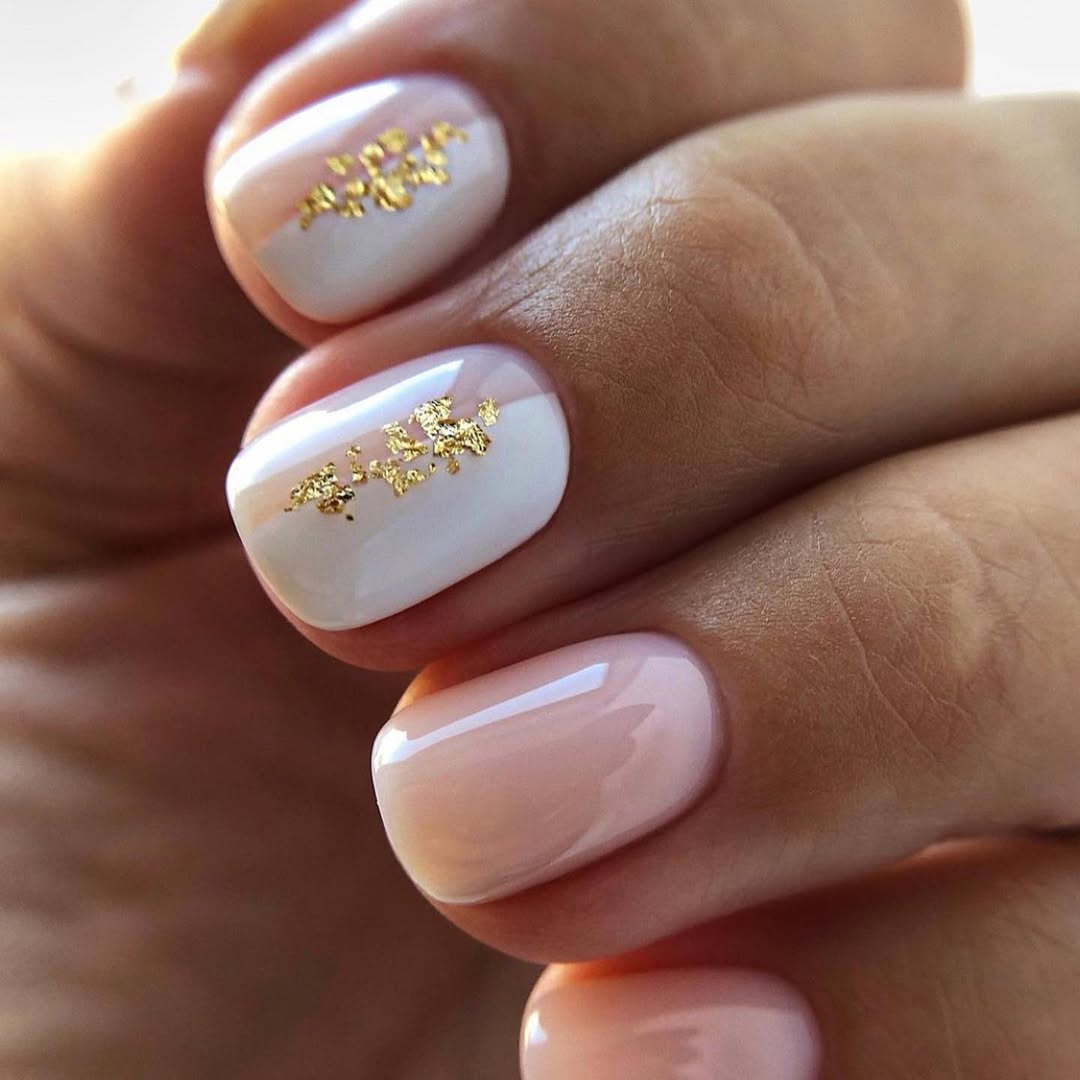 Soft Pink and White Gold Flake Overlay Nails