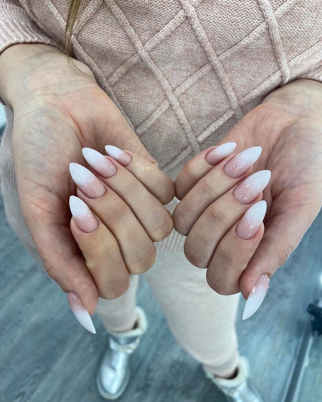 Soft Pink and White Ombré Stiletto Nails