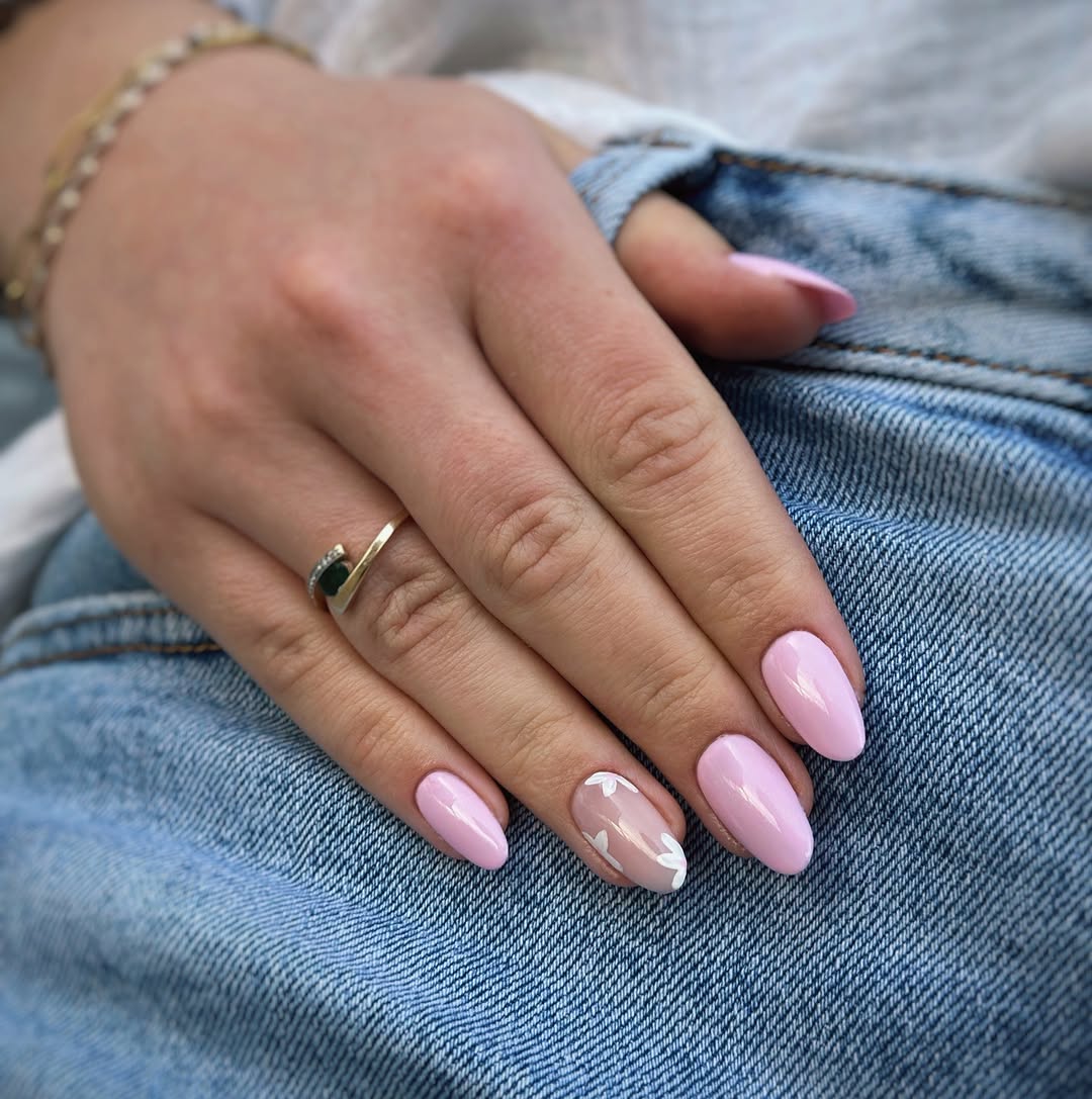 Soft Pink Floral Almond Nails