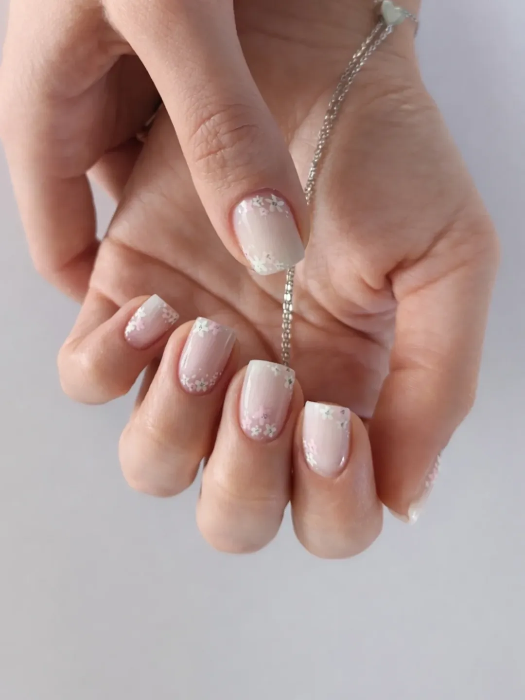 Soft Pink Floral French Tip Squoval Nails