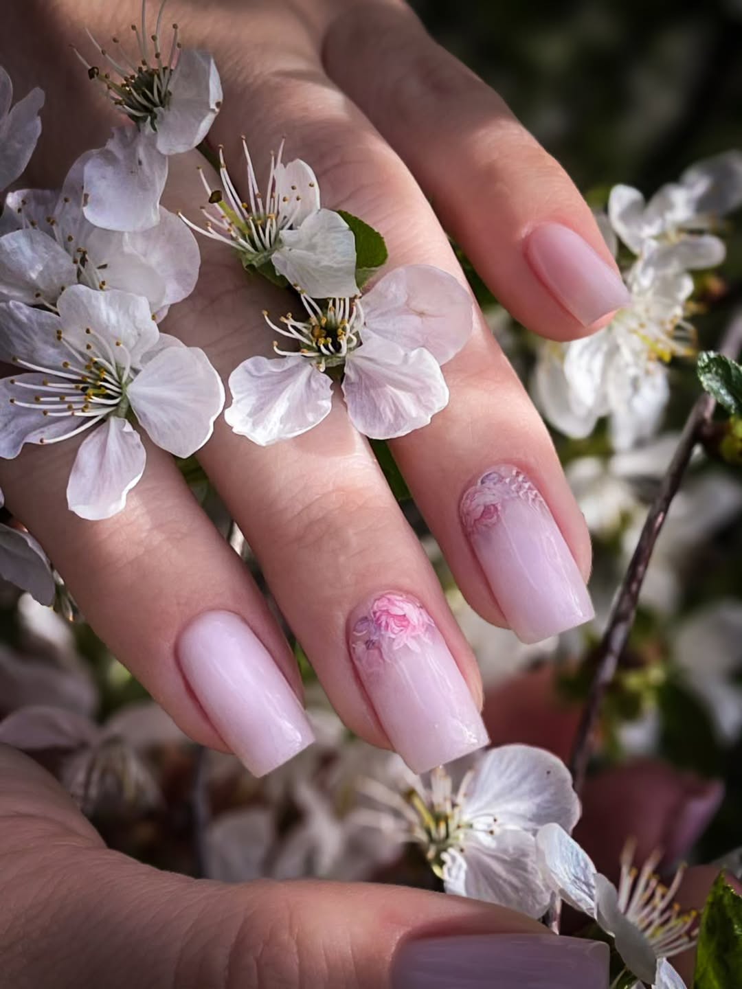 Soft Pink Floral Square Nails