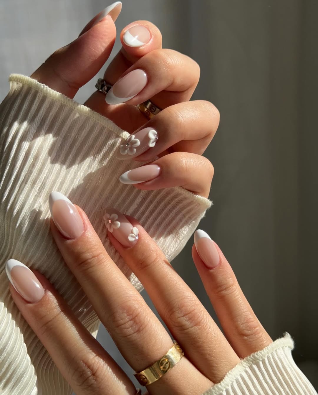 Soft Pink French Tips with 3D Floral Accents