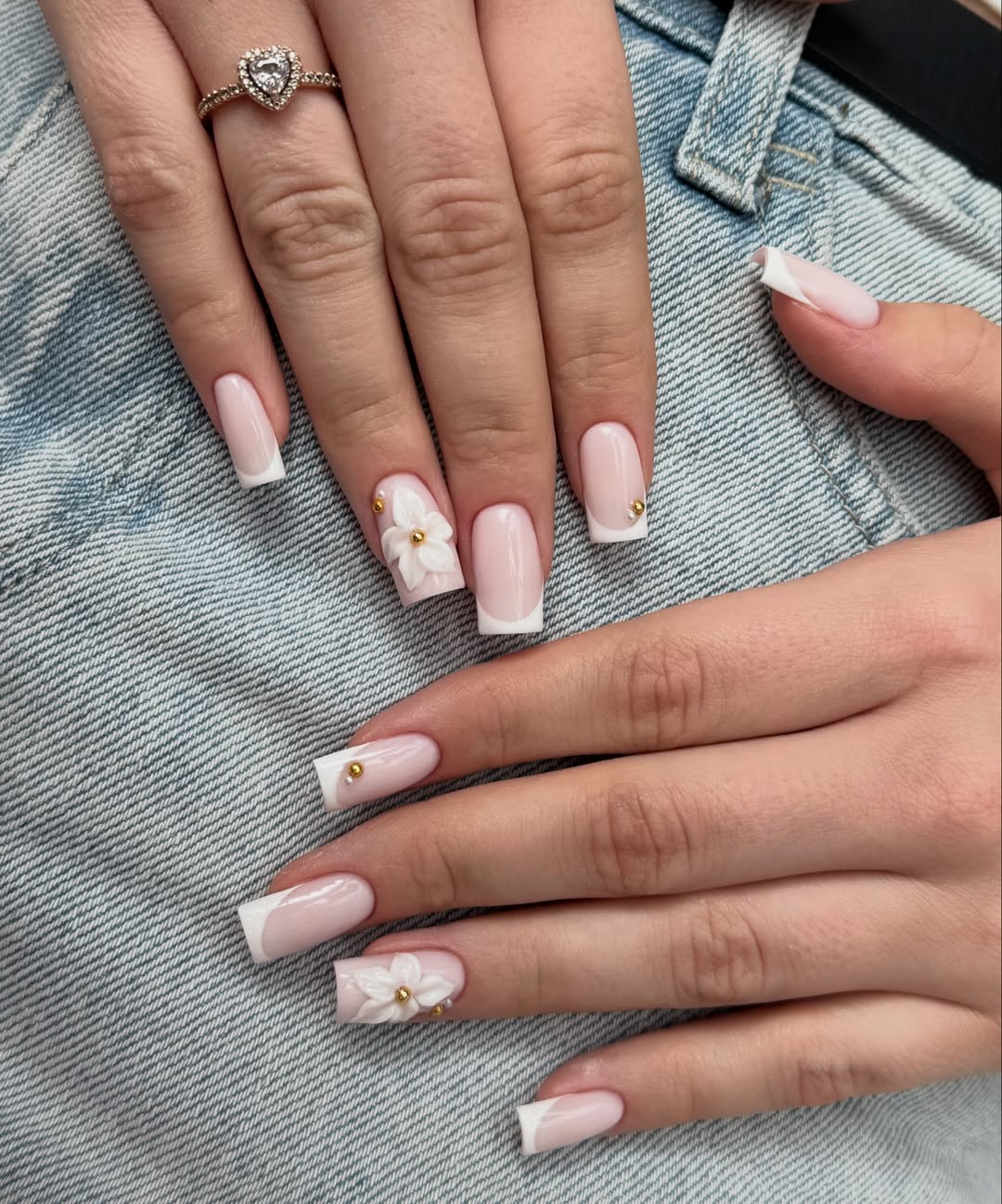 Soft Pink French Tips with 3D White Flowers