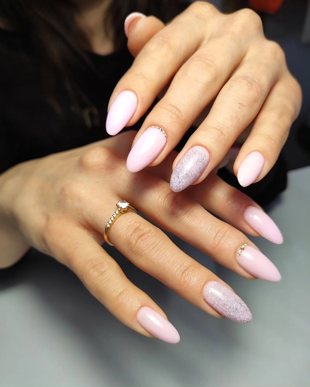 Soft Pink Glitter and Rhinestone Almond Nails