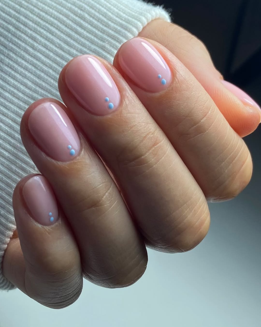 Soft Pink Glossy Oval Nails with Sky Blue Dots