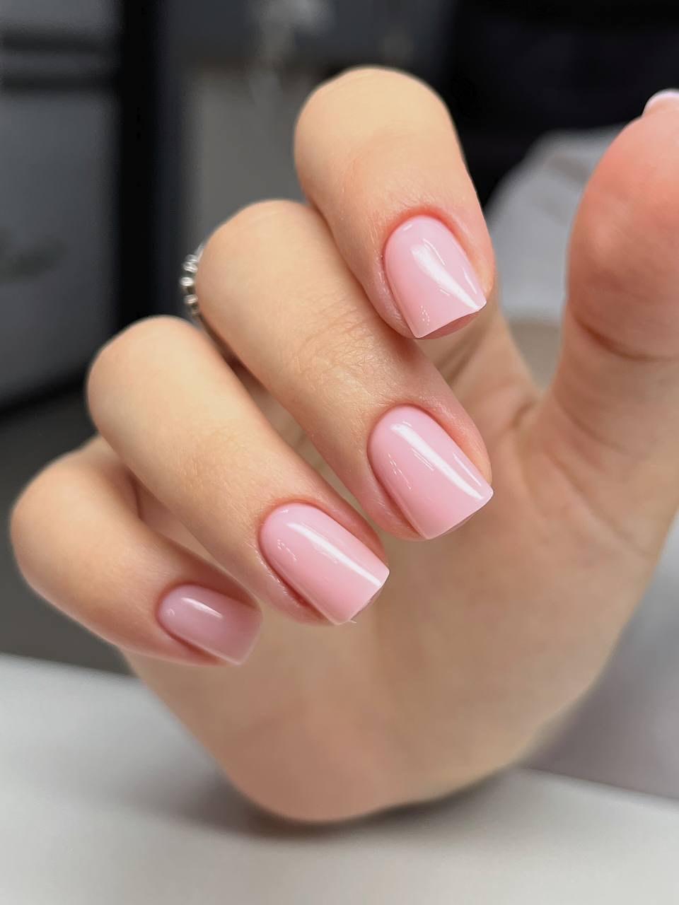 Soft Pink Glossy Short Squoval Gel Nails