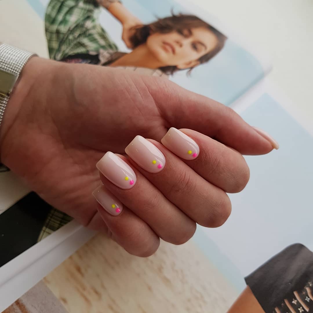 Soft Pink Glossy Squoval Nails With Neon Dots