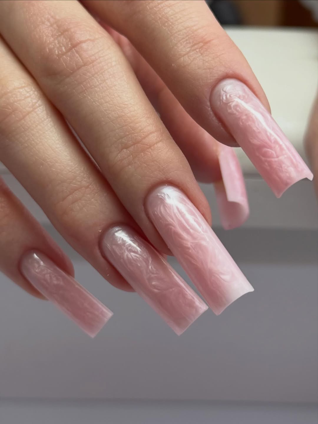 Soft Pink Marbled Swirl Long Square Nails