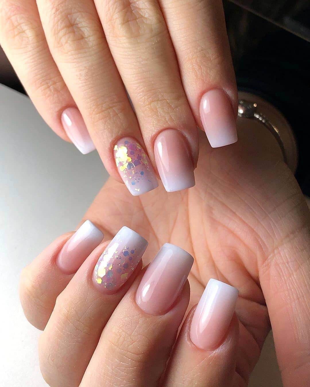 Soft Pink Ombre Square Nails with Glitter Accent