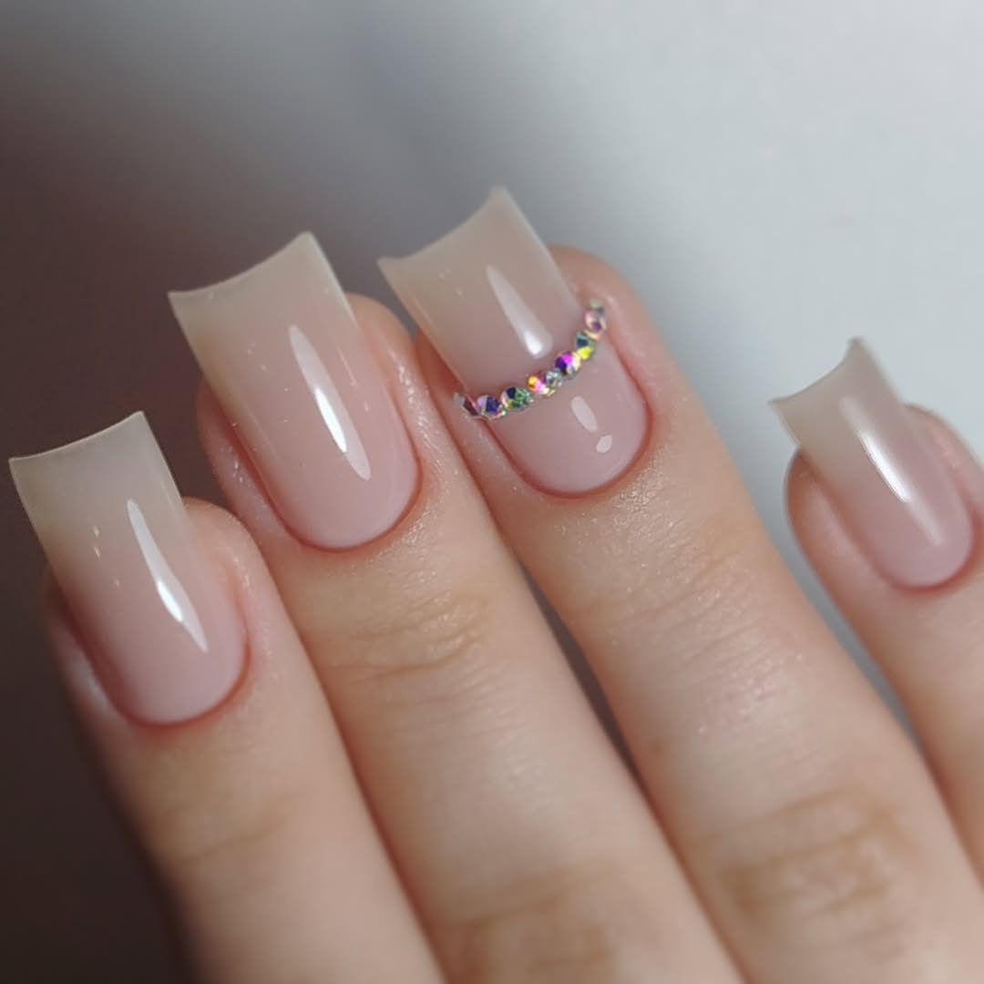 Soft Pink Ombre Square Nails with Rhinestone Cuticle Detail