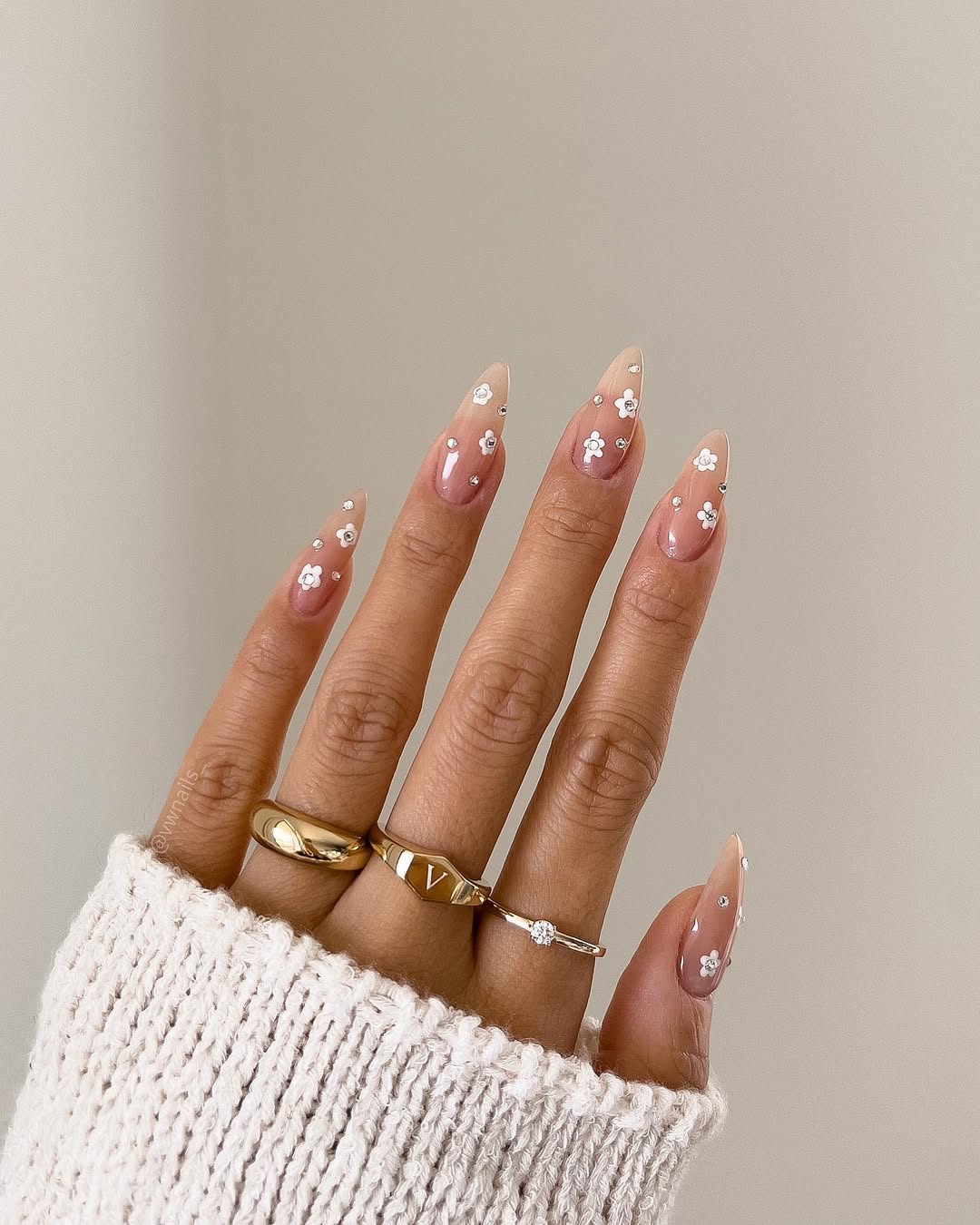 Soft Pink Ombre Stiletto Floral Rhinestone Nails