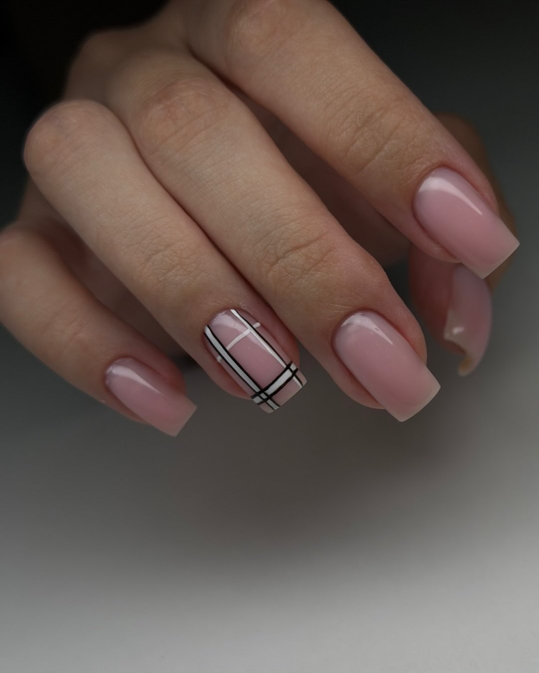 Soft Pink Plaid Accent Cute Square Nails
