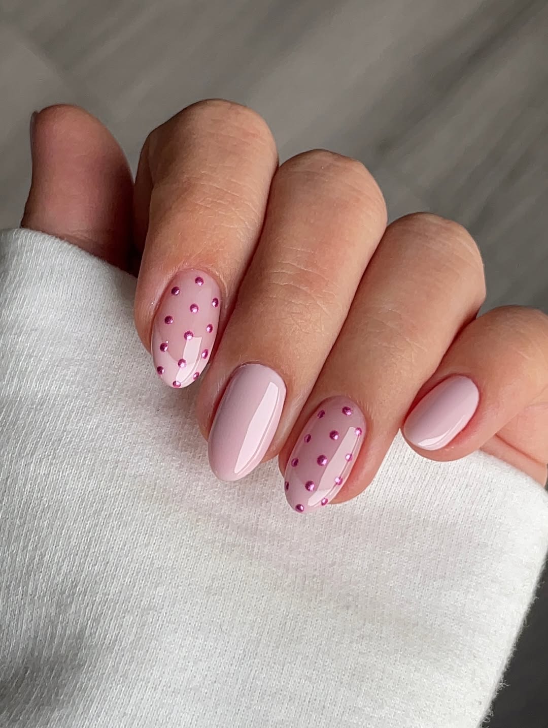 Soft Pink Polka Dot Rhinestone Oval Nails