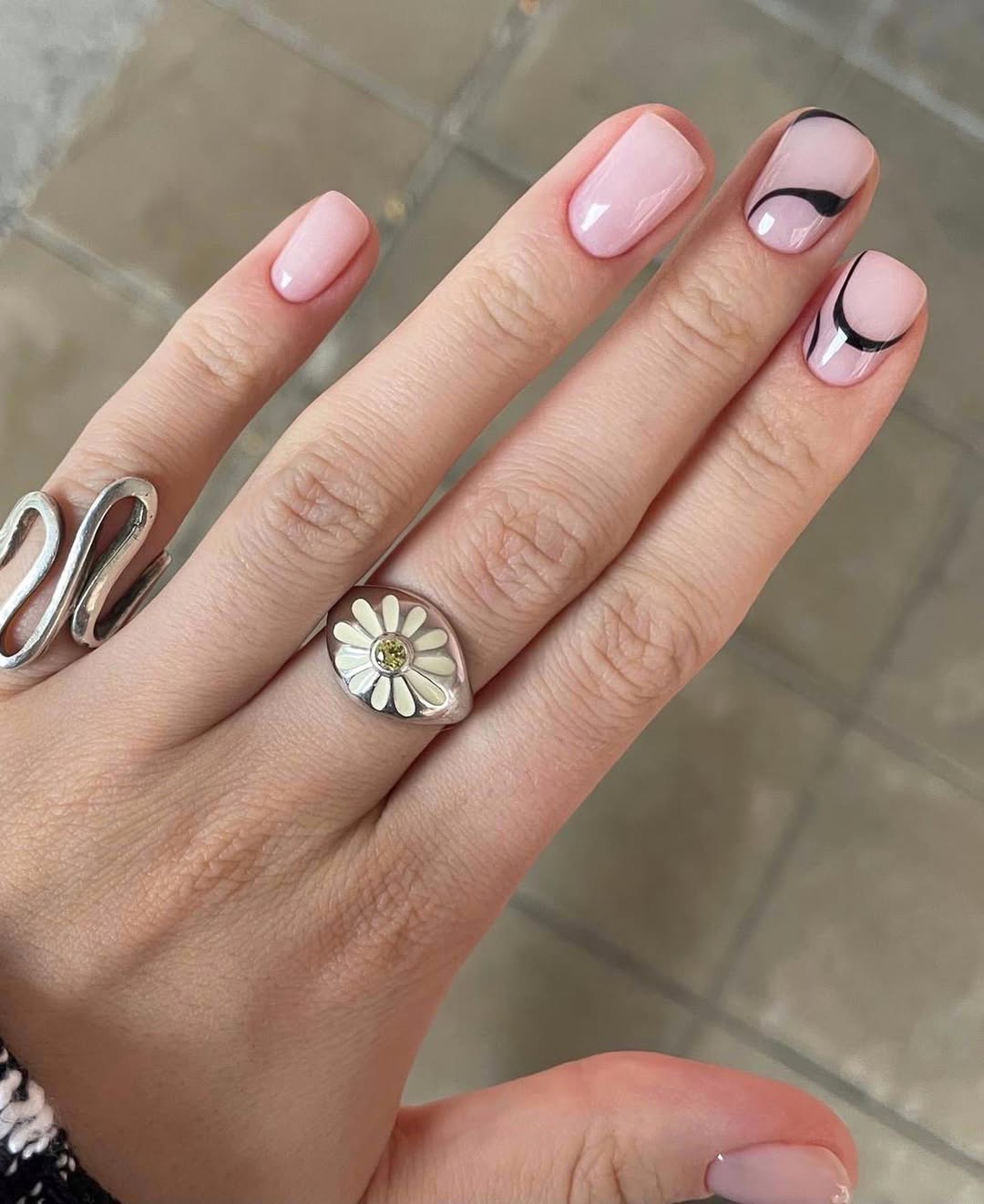 Soft Pink Squoval Nails with Wavy Black Lines
