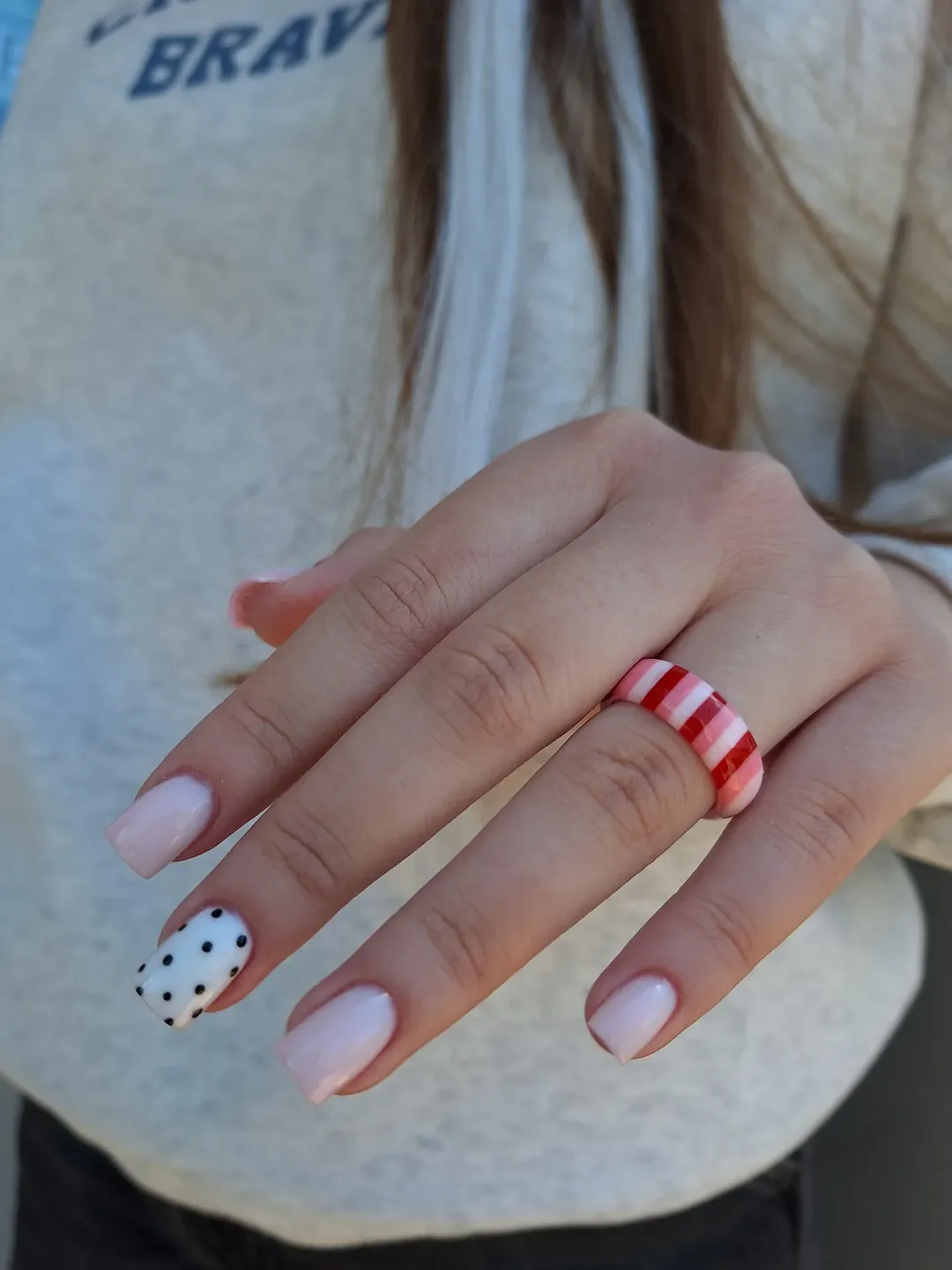 Soft Pink Squoval Polka Dot Accent Nails