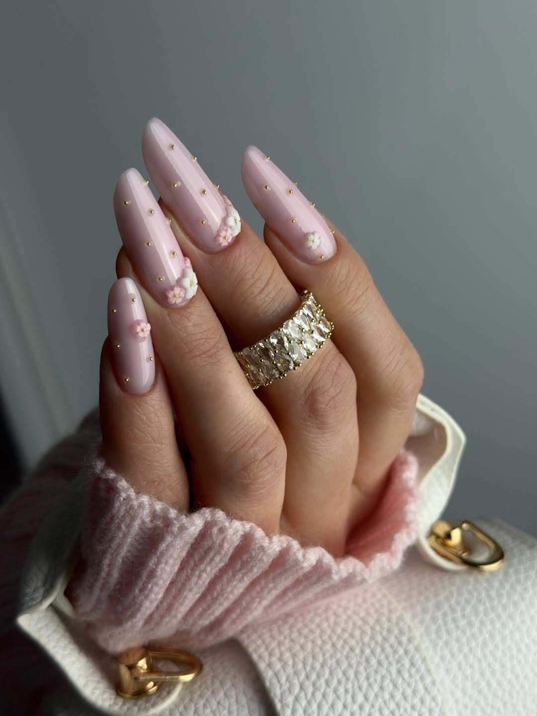 Soft Pink Stiletto Nails With 3D Floral Accents