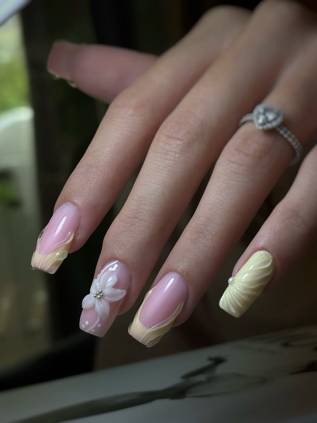 Soft Pink Yellow French Tips 3D Flowers Swirls