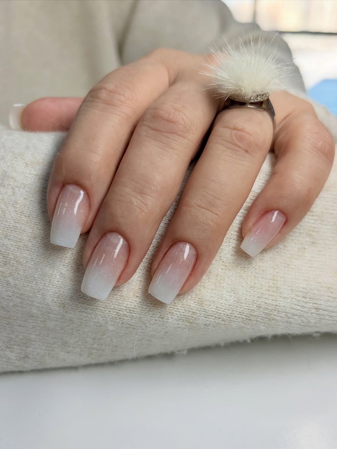 Soft Shimmer Pink to White Ombre Square Tips