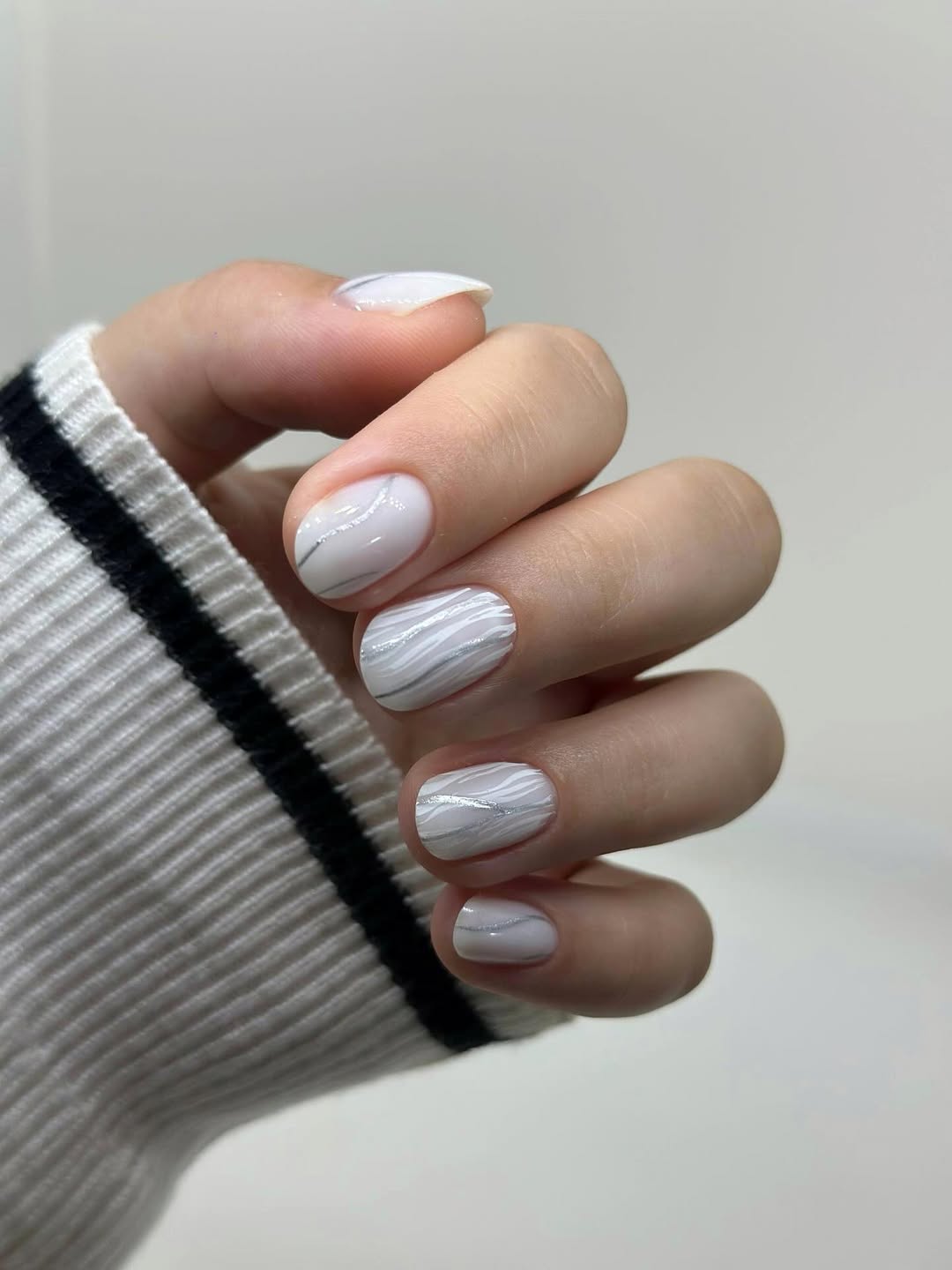 Soft White Swirls Silver Accents Short Squoval Gel Nails