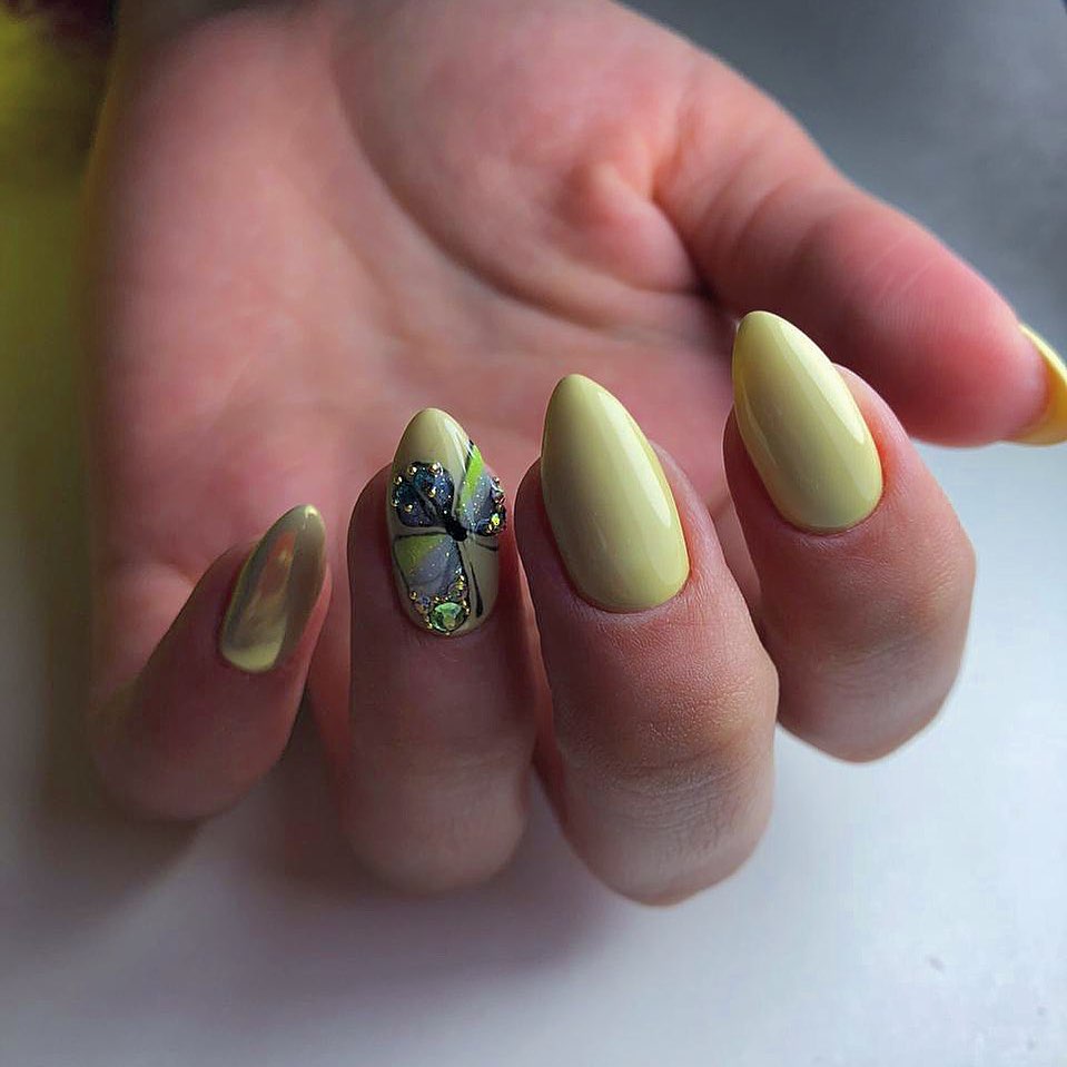 Soft Yellow Butterfly Almond Summer Nails