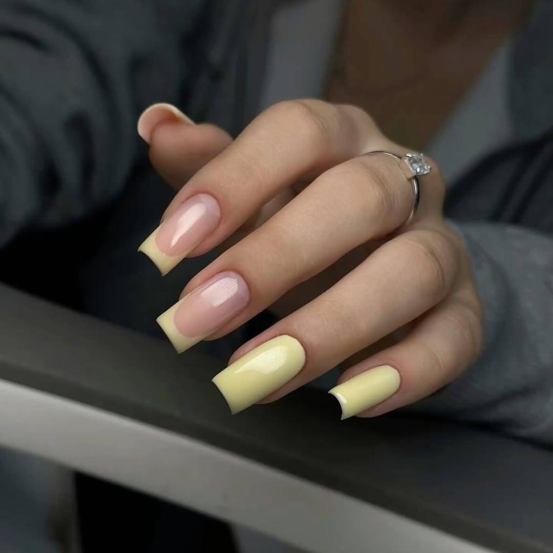 Soft Yellow French Tip Squoval Nails
