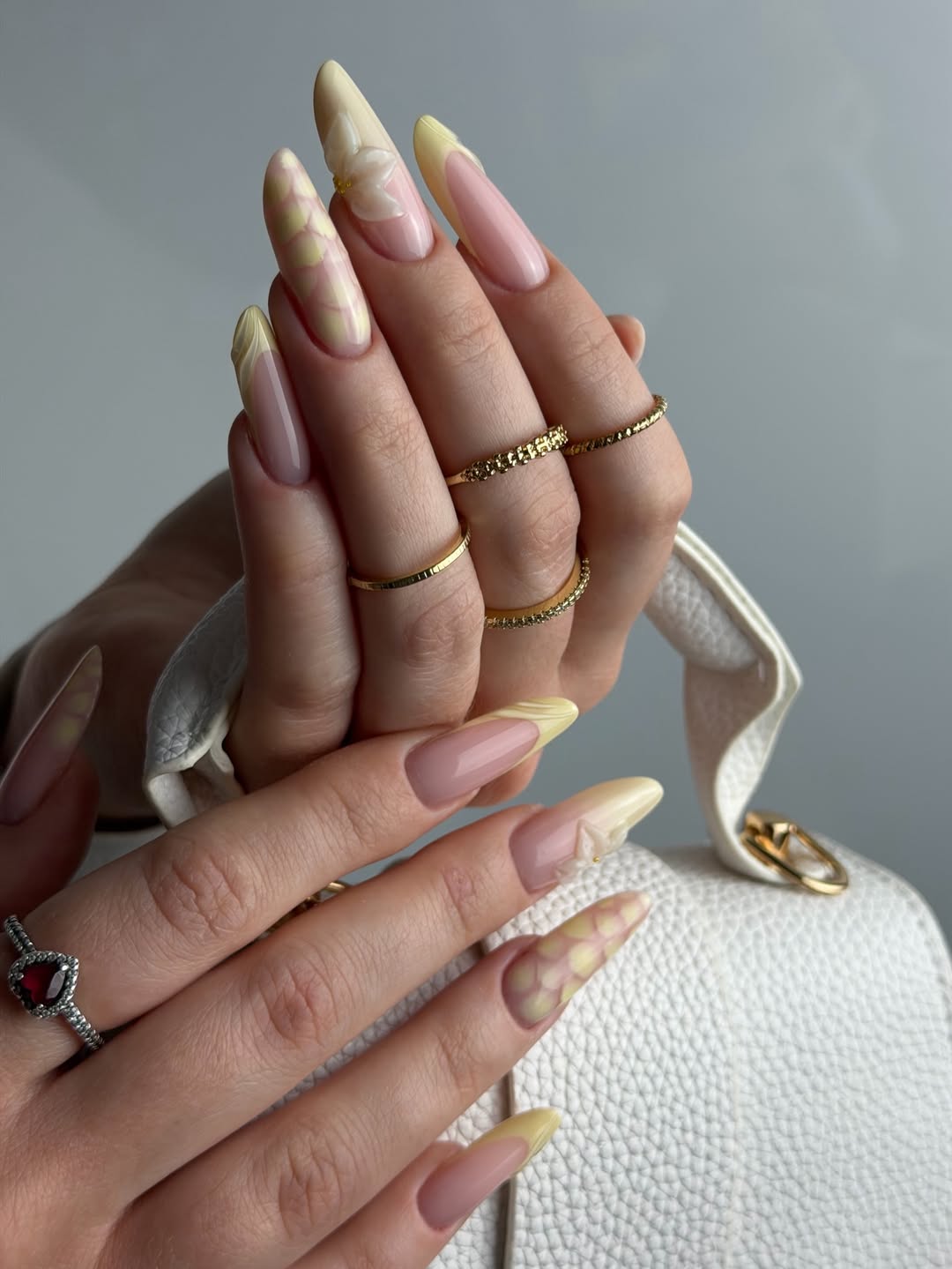 Soft Yellow French Tip Stiletto Nails With 3D Floral Art