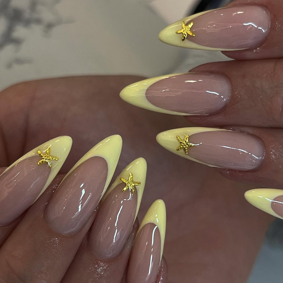 Soft Yellow French Tips with Golden Starfish