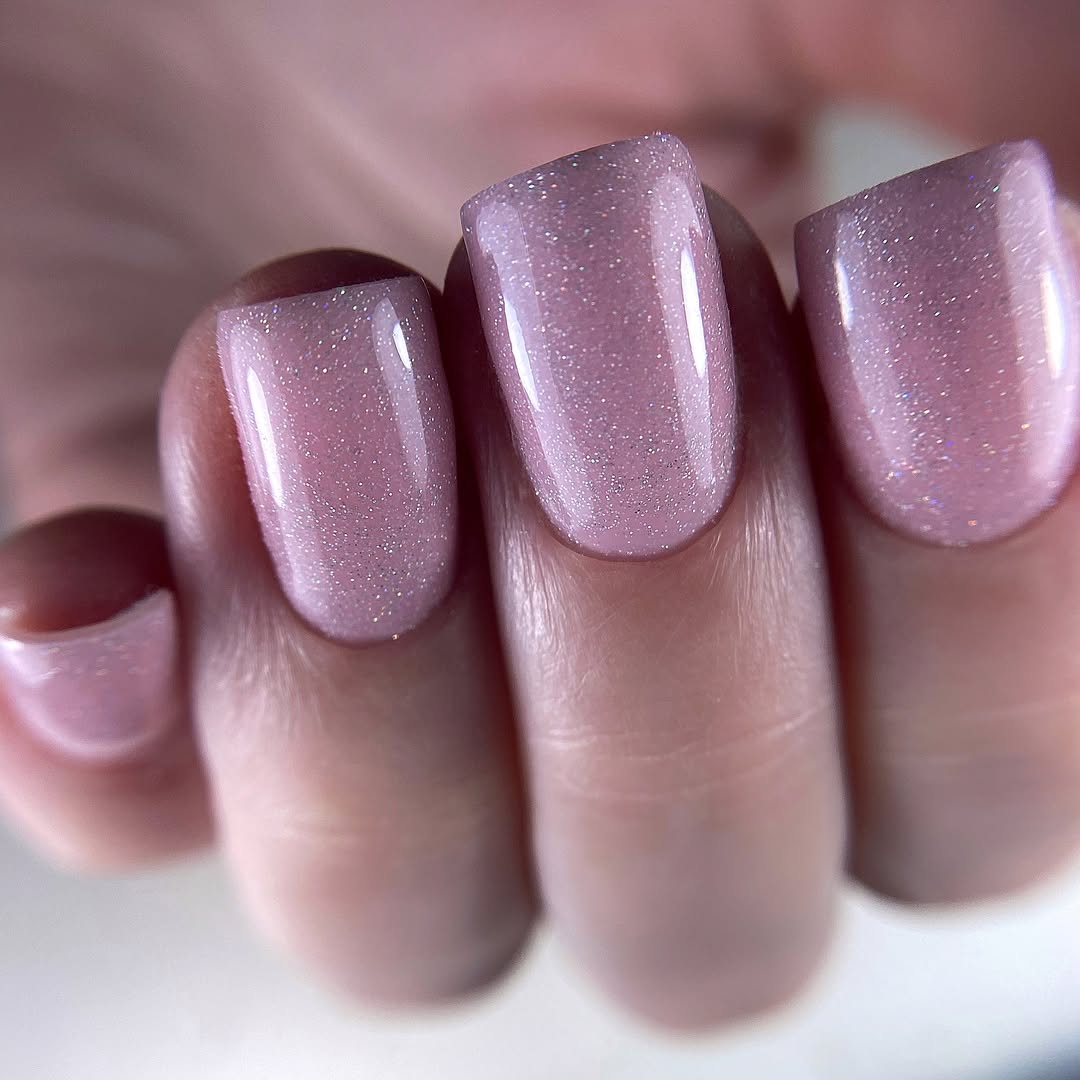 Sparkling Baby Pink Gel Squoval Nails