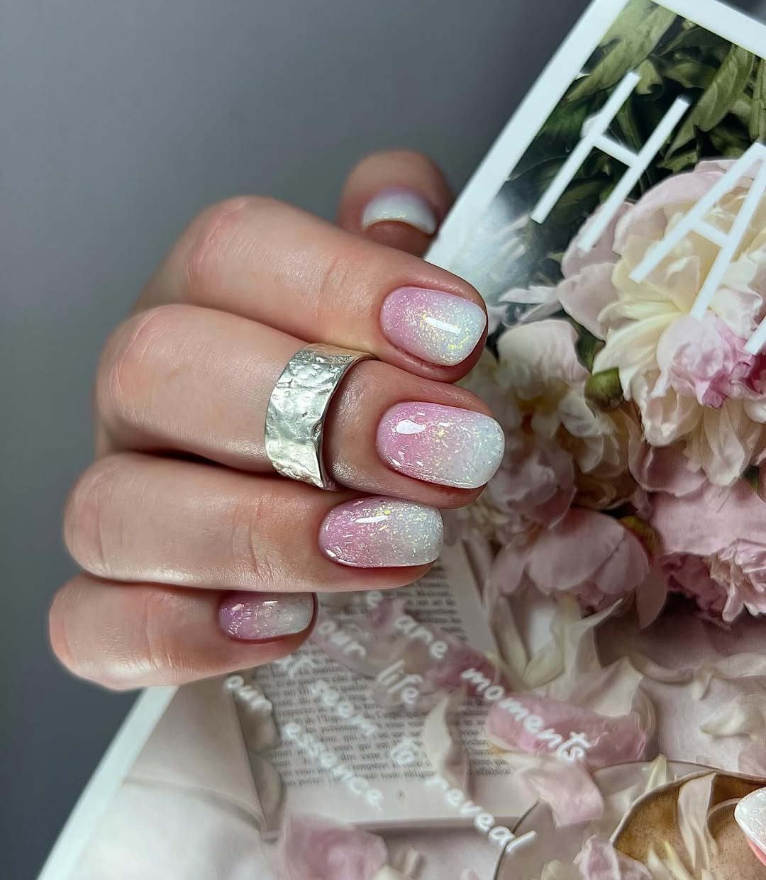 Sparkling Pink and White Glitter Ombre Nails