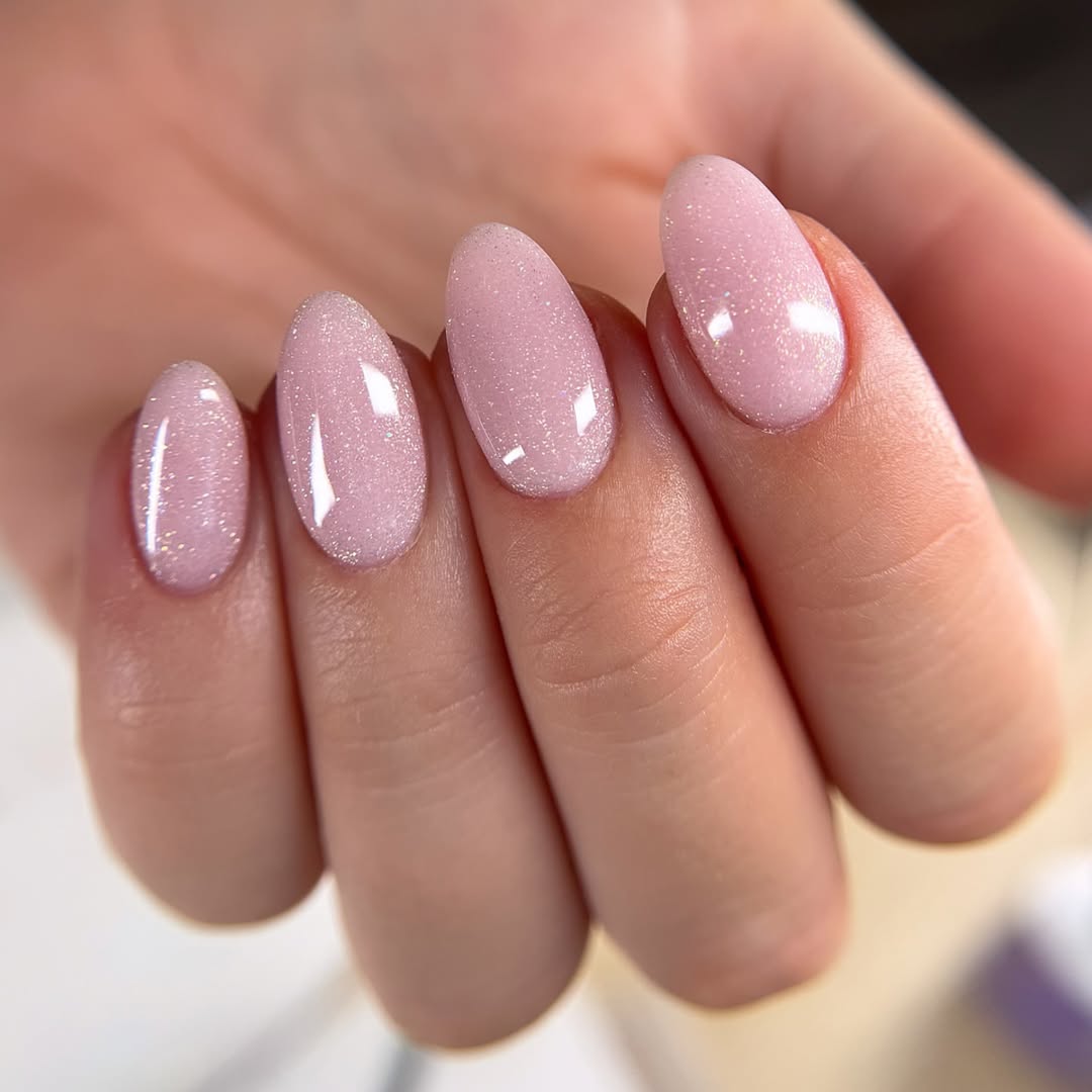Sparkly Rosy Pink Shimmer Oval Nails