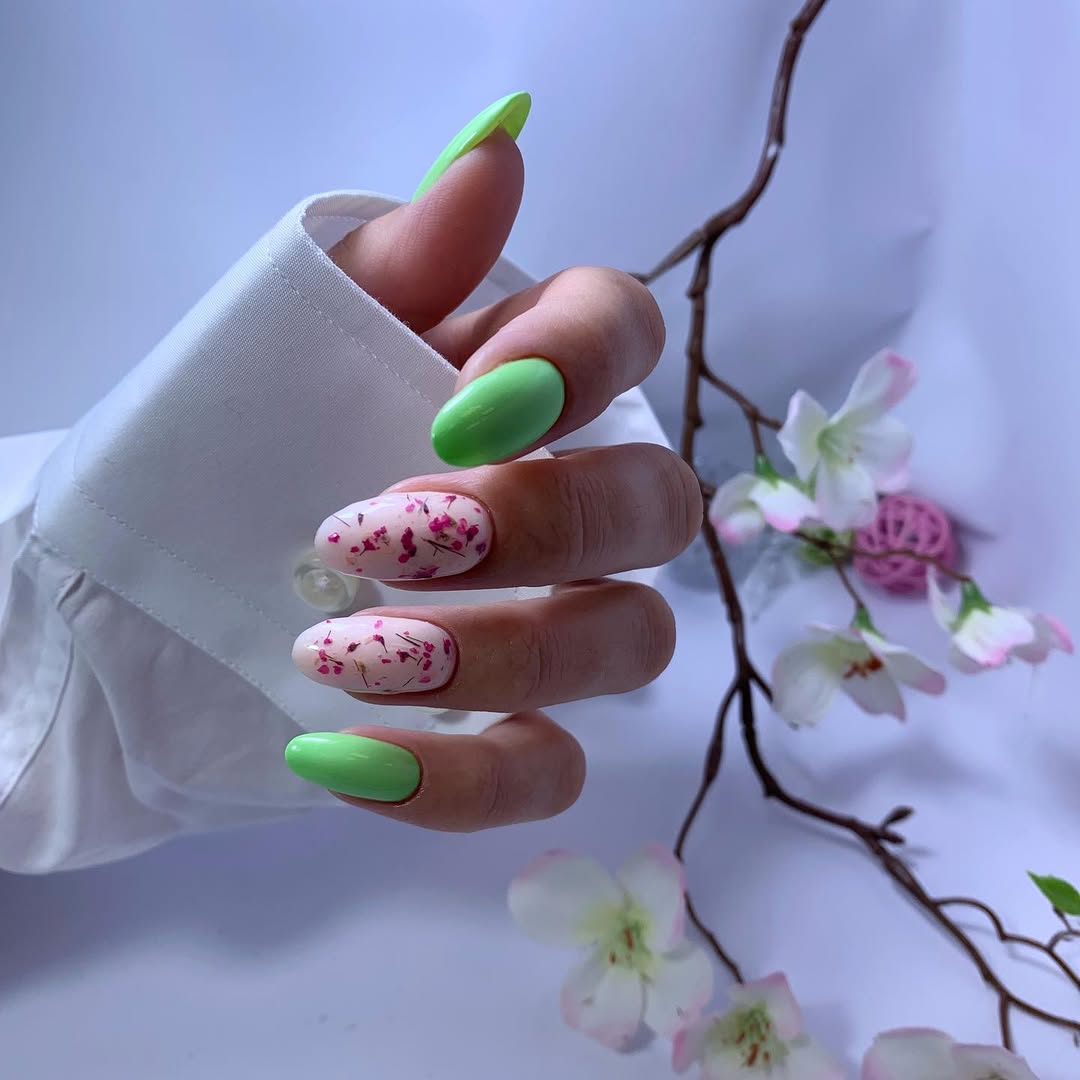 Spring Green Almond Nails with Floral Accents