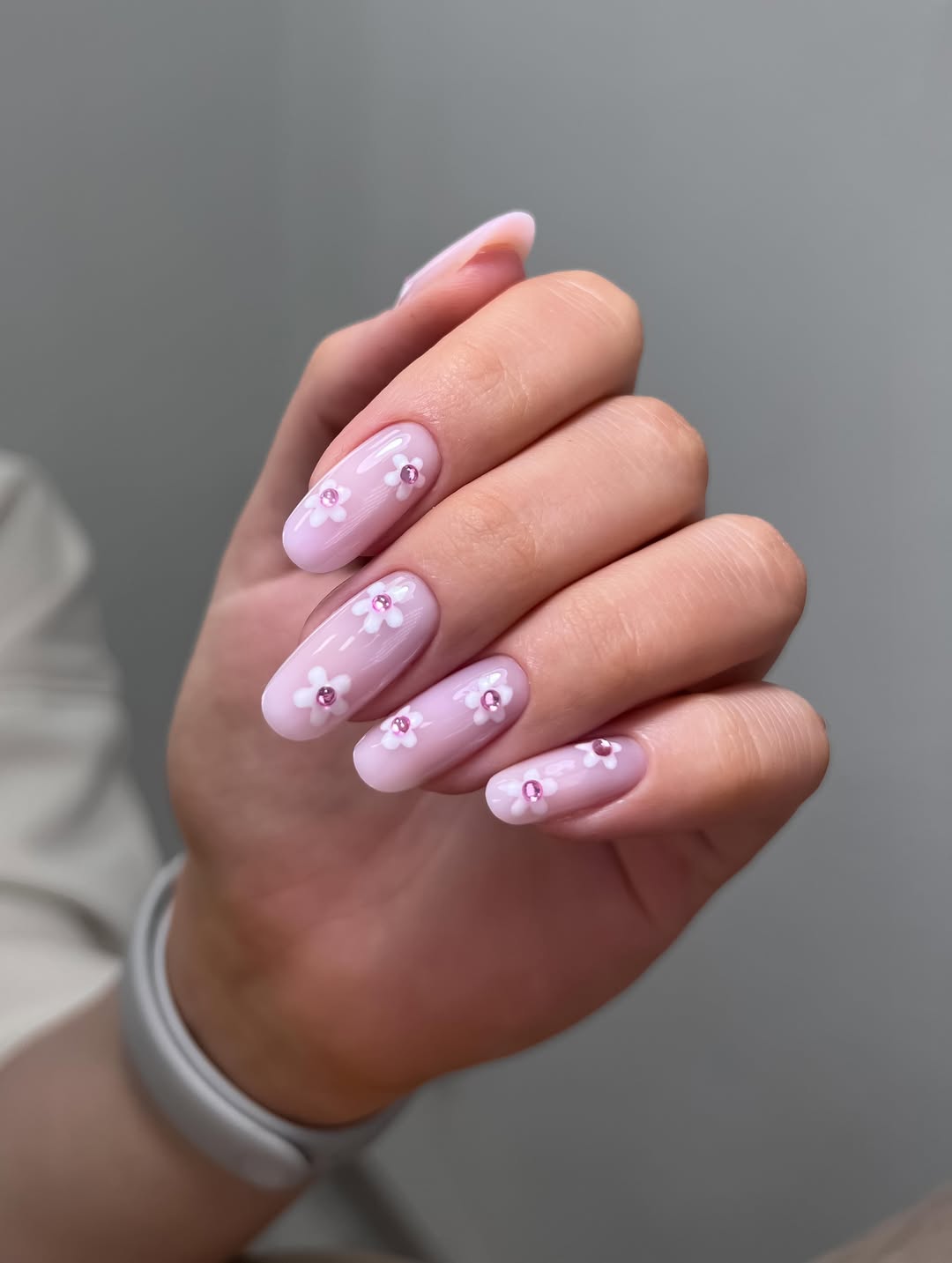 Summer Bloom Pink Jelly Nails With Floral Pink Gems