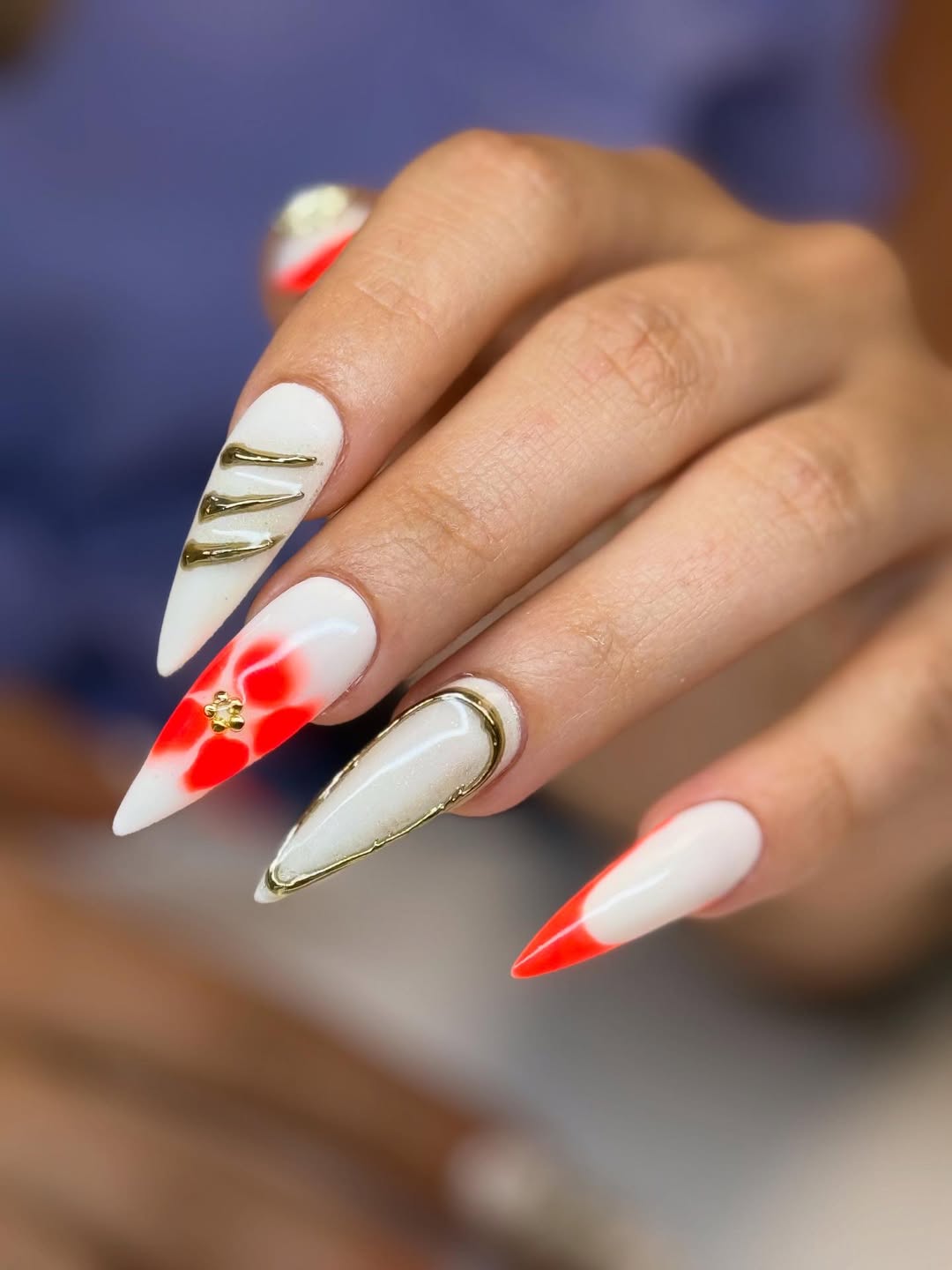 Summer Flame Aura White Stiletto Nails