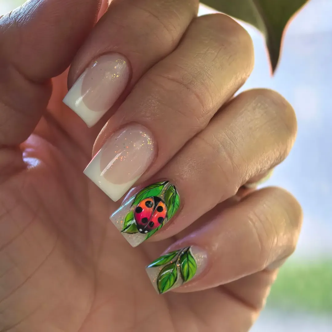 Summer French Tips With Ladybug And Leaf Art