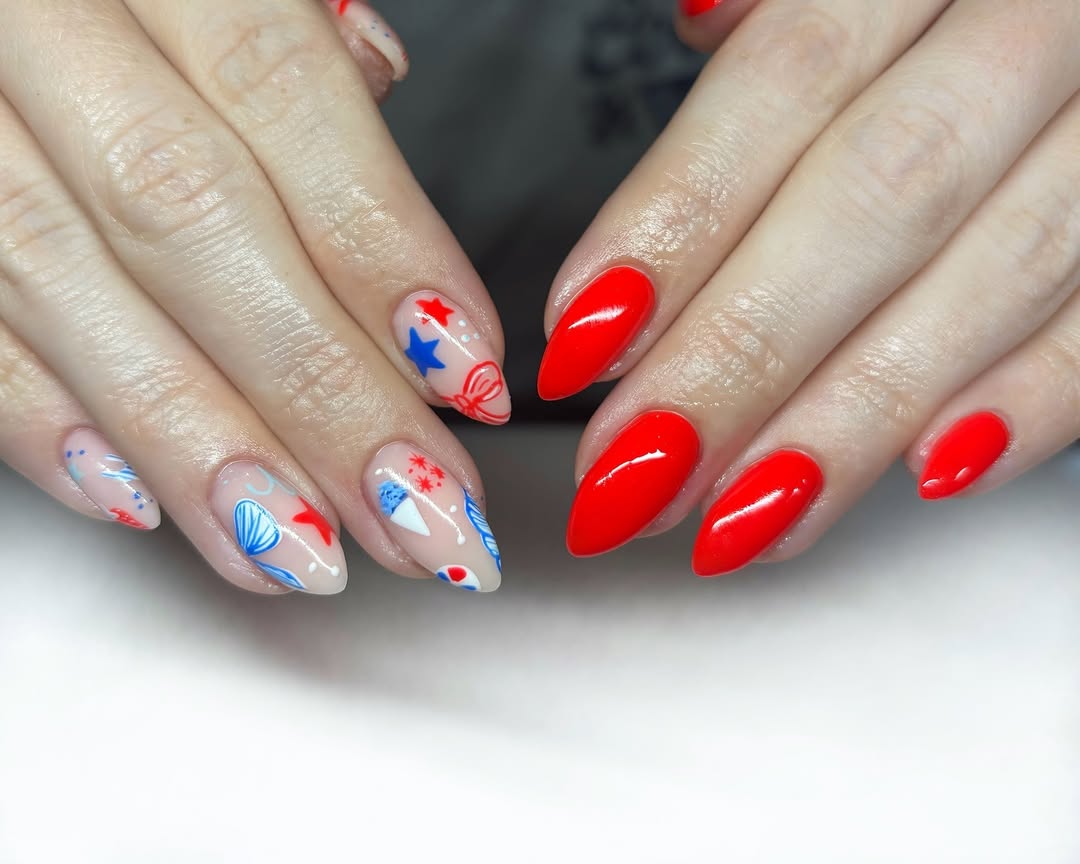 Summer Fun Red White and Blue Almond Nails