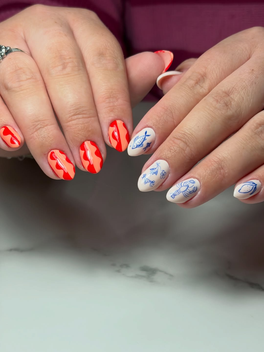 Summer Lobster Lemon Wavy Almond Nails