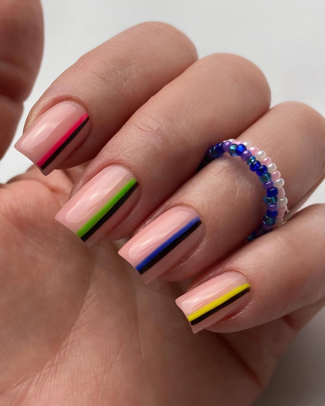 Summer Neon Stripe Nude Square Nails